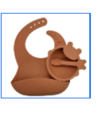 صورة Pixie Waterproof Silicone Bib with Suction Bowl & Spoon Set, Microwave-Safe Bowl, BPA & PVC-Free, 100% Food-Grade, 6 Months+ - Brown
