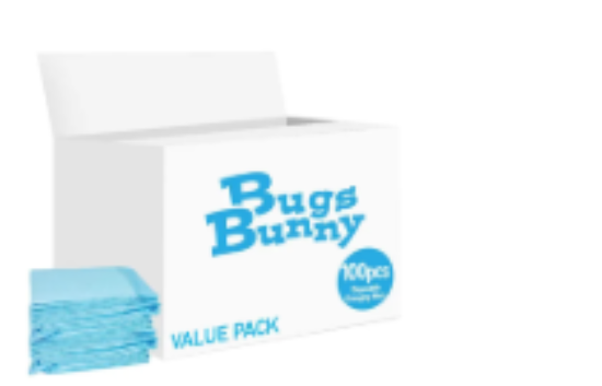 صورة Bugs Bunny Disposable Changing Mats, Woven, Absorbent Material, Waterproof Bottom, 0 Month+, Pack of 100 - White & Blue