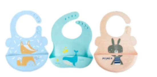 صورة Pixie Silicone Bibs 3-Pack - Fox, Whale & Bunny, Waterproof, BPA-Free, Adjustable for 6M