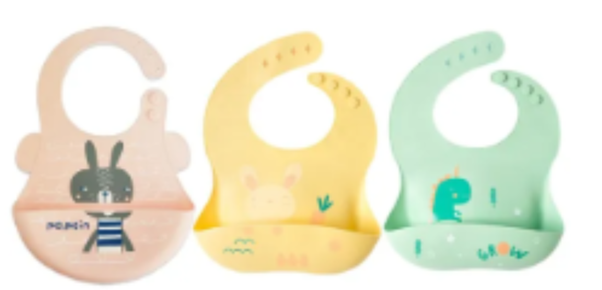 صورة Pixie Adjustable Silicone Bibs 3-Pack - Waterproof, BPA-Free for Boys and Girls, 6M+, Bunny & Dino Multicolour