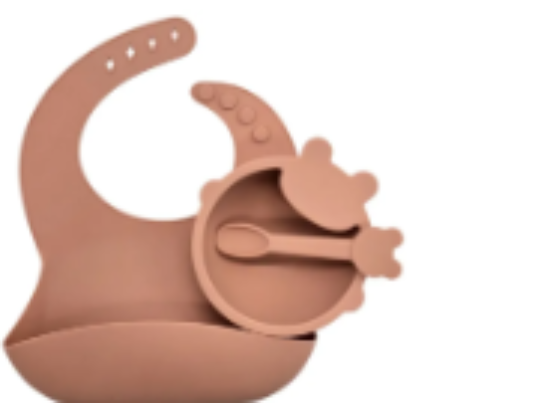صورة Pixie Waterproof Silicone Bib with Suction Bowl & Spoon Set, Microwave-Safe Bowl, BPA & PVC-Free, 100% Food-Grade, 6 Months+ - Peach