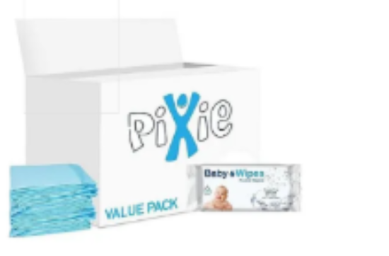 صورة Pixie Disposable Changing Mat with Baby Wipes, Hygienic Barrier, Hassle‑Free, Travel‑Friendly, Value Pack, 0 Month+, 60 x 45 cm, Blue and White - 100 + 72 Pieces