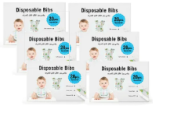 صورة Pixie Disposable Bibs - 120 Pieces, Waterproof with Crumb Pocket for Babies 0-3 Yrs, L30xB12xH40 cm Pack of 6