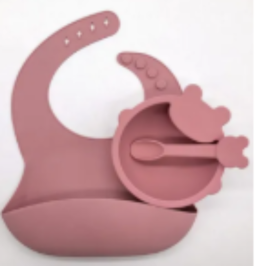 صورة Pixie Waterproof Silicone Bib with Suction Bowl & Spoon Set, Microwave-Safe Bowl, BPA & PVC-Free, 100% Food-Grade, 6 Months+ - Pink