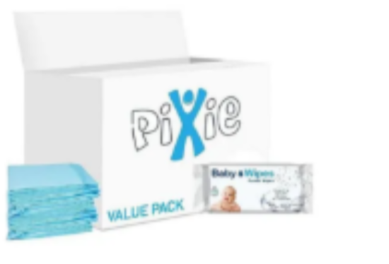 صورة Pixie Disposable Changing Mat with Baby Wipes, Hygienic Barrier, Hassle‑Free, Travel‑Friendly, Value Pack, 0 Month+, 60 x 45 cm, Blue and White - 30 + 72 Pieces