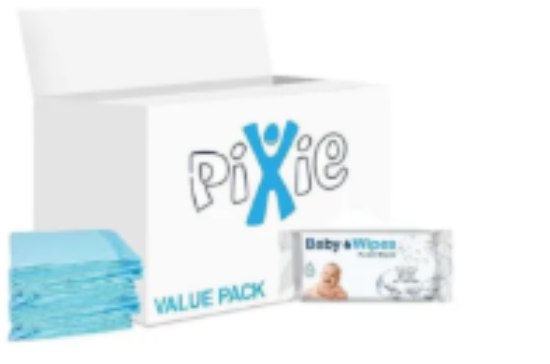 صورة Pixie Disposable Changing Mat with Baby Wipes, Hygienic Barrier, Hassle‑Free, Travel‑Friendly, Value Pack, 0 Month+, 60 x 45 cm, Blue and White - 20 + 72 Pieces