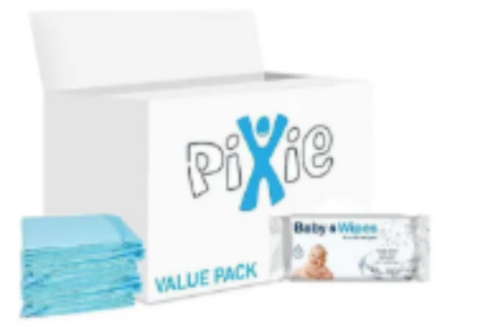 صورة Pixie Disposable Changing Mat with Baby Wipes, Hygienic Barrier, Hassle‑Free, Travel‑Friendly, Value Pack, 0 Month+, 60 x 45 cm, Blue and White - 75 + 72 Pieces