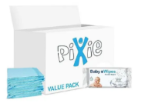 صورة Pixie Disposable Changing Mat with Baby Wipes, Hygienic Barrier, Hassle‑Free, Travel‑Friendly, Value Pack, 0 Month+, 60 x 45 cm, Blue and White - 90 + 72 Pieces