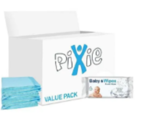 صورة Pixie Disposable Changing Mat with Baby Wipes, Hygienic Barrier, Hassle‑Free, Travel‑Friendly, Value Pack, 0 Month+, 60 x 45 cm, Blue and White - 240 + 72 Pieces