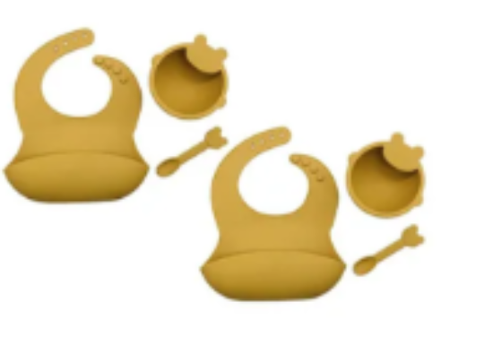 صورة Pixie Silicone Bib & Feeding Set Waterproof, BPA-Free for 6M+ Babies, 2-Pack Yellow with Adjustable Neck & Suction Bowl