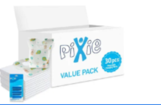 صورة Pixie Baby Essentials Combo: Disposable Changing Mats, Bibs, & Blue Dispenser with Nappy Bags Pack of 3