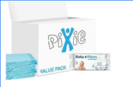 صورة Pixie Disposable Changing Mat with Baby Wipes, Hygienic Barrier, Hassle‑Free, Travel‑Friendly, Value Pack, 0 Month+, 60 x 45 cm, Blue and White - 10 + 72 Pieces
