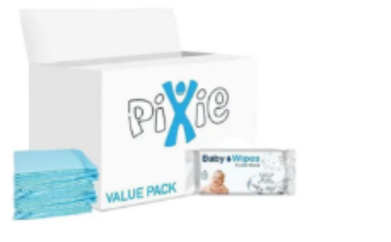 صورة Pixie Disposable Changing Mat with Baby Wipes, Hygienic Barrier, Hassle‑Free, Travel‑Friendly, Value Pack, 0 Month+, 60 x 45 cm, Blue and White - 50 + 72 Pieces