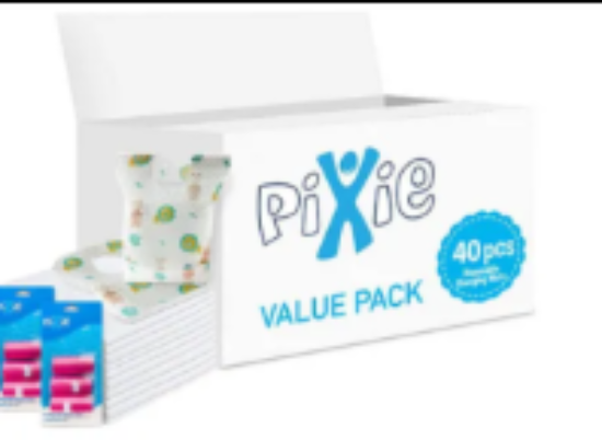 صورة Pixie Changing Mat, Bib & Nappy Bags Combo - Antibacterial, Hydrophilic, Disposable Set for Babies 0+ Months, Travel-Friendly Pack of 3