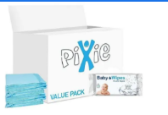 صورة Pixie Disposable Changing Mat with Baby Wipes, Hygienic Barrier, Hassle‑Free, Travel‑Friendly, Value Pack, 0 Month+, 60 x 45 cm, Blue and White - 55 + 72 Pieces