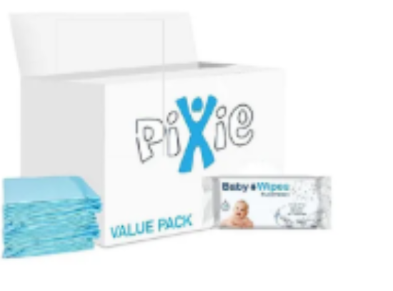 صورة Pixie Disposable Changing Mat with Baby Wipes, Hygienic Barrier, Hassle‑Free, Travel‑Friendly, Value Pack, 0 Month+, 60 x 45 cm, Blue and White - 60 + 72 Pieces