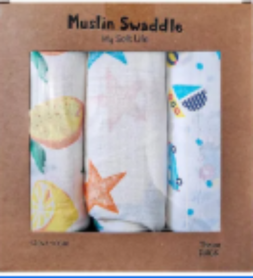 صورة Pixie Muslin Lemon and Star Print Swaddle Blankets for Newborn Soft, Comfortable, Printed, 0 Months+, 120 x 110 cm - Pack of 3